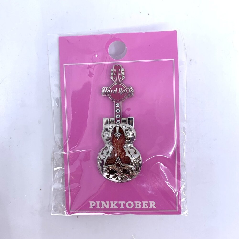 Hard Rock Cafe Pinktober Guitar Pin 2008 Hinged Front Breast Cancer Awareness